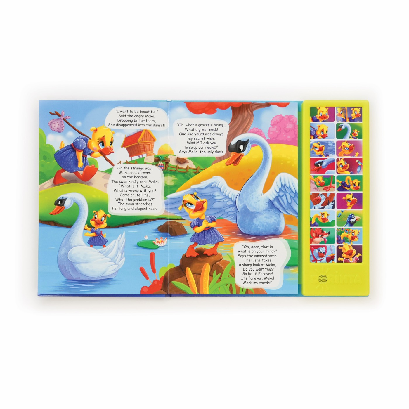 Open Maka the Ugly Duck Sound Book with a peacock story scene