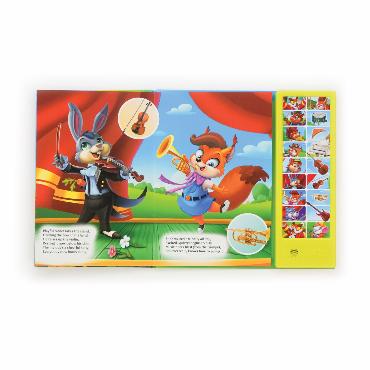 Open Musical Forest book with rabbit and squirrel musicians