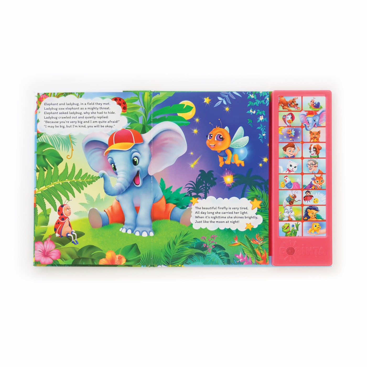 Open Rhymes for Little Ones Sound Book with an elephant, ladybug, firefly, and pink sound panel