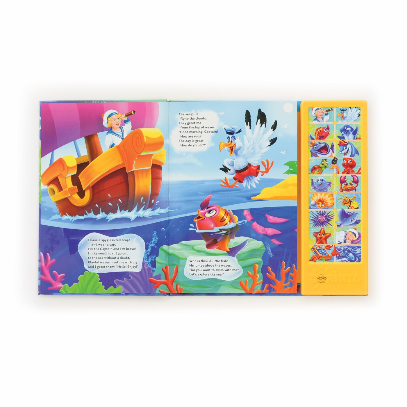 Open Sea Story Sound Book with an illustrated sea adventure and the yellow sound-button panel