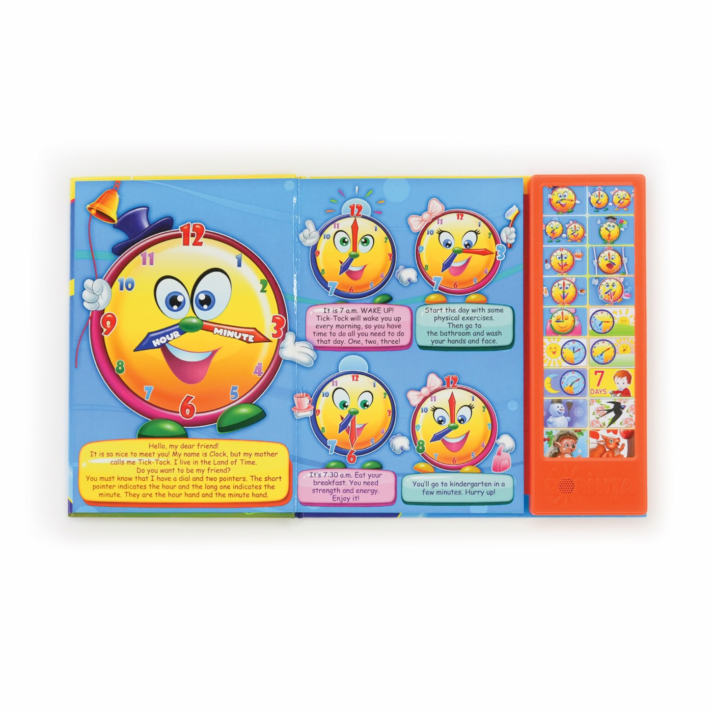 Open Time Sound Book showing friendly clocks and a sound panel
